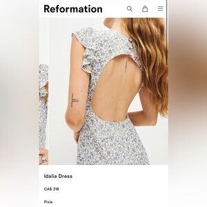 Reformation Idalia Open-Back Ruffle Sleeve Dress in Pixie, blue floral pattern